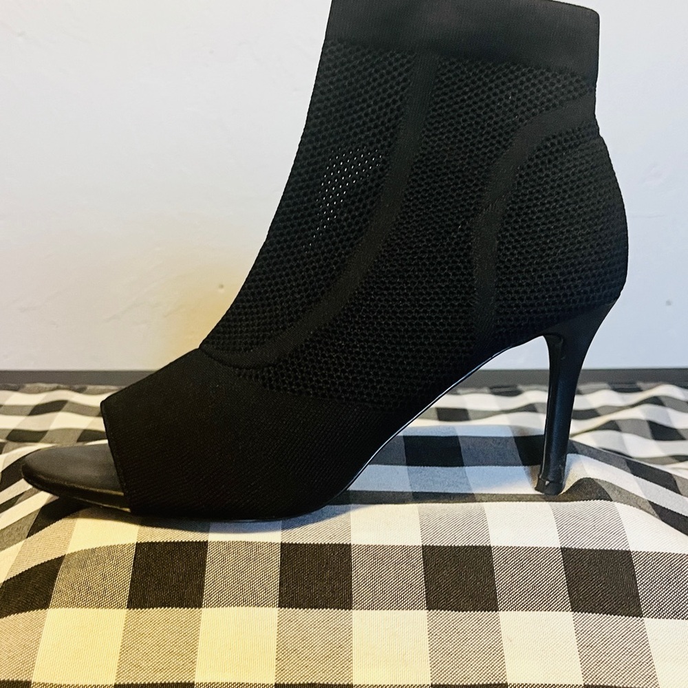 Black Knit Peep-Toe Ankle Booties with Textured Fabric